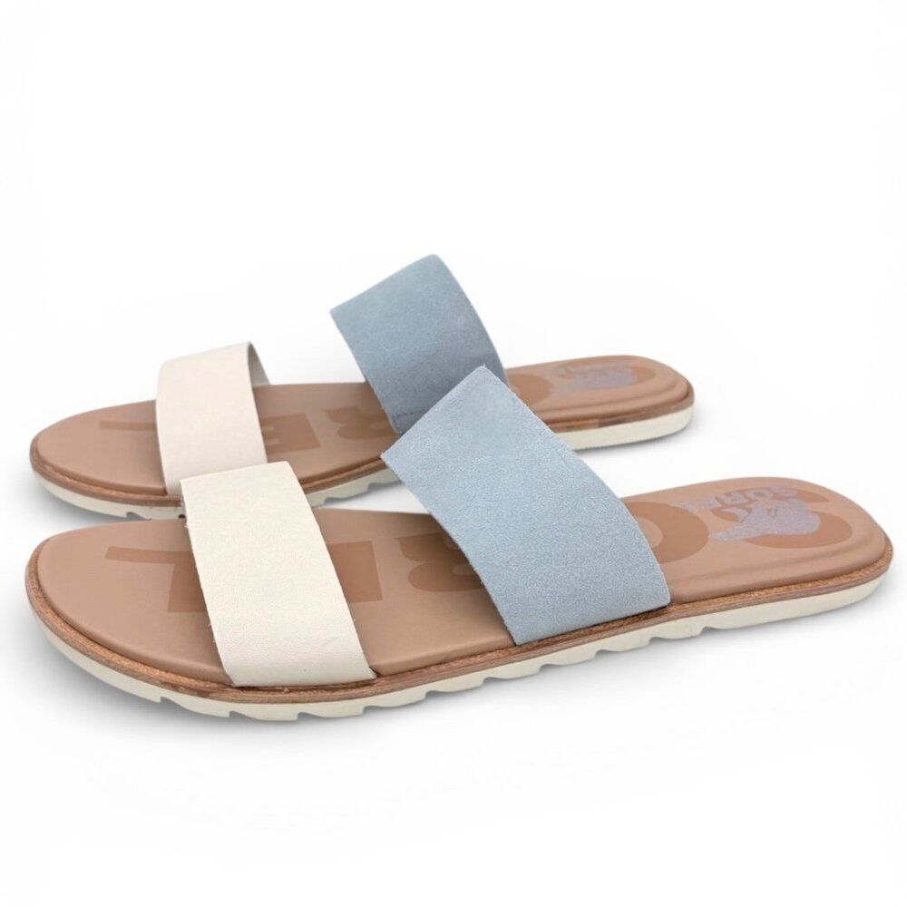 SOREL Ella II Women’s Leather Slide Sandal Crushed Blue Chalk Size 10